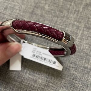 NWT Charming Charlie Wine Braided Leather Silver Tone Hinged Cuff M